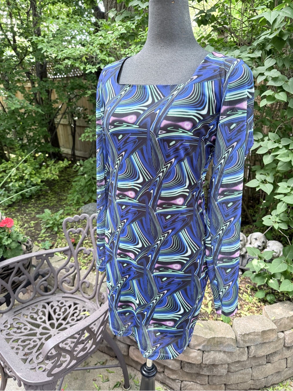 Noisy May Blue and Purple Abstract Square-Neck Mini Dress